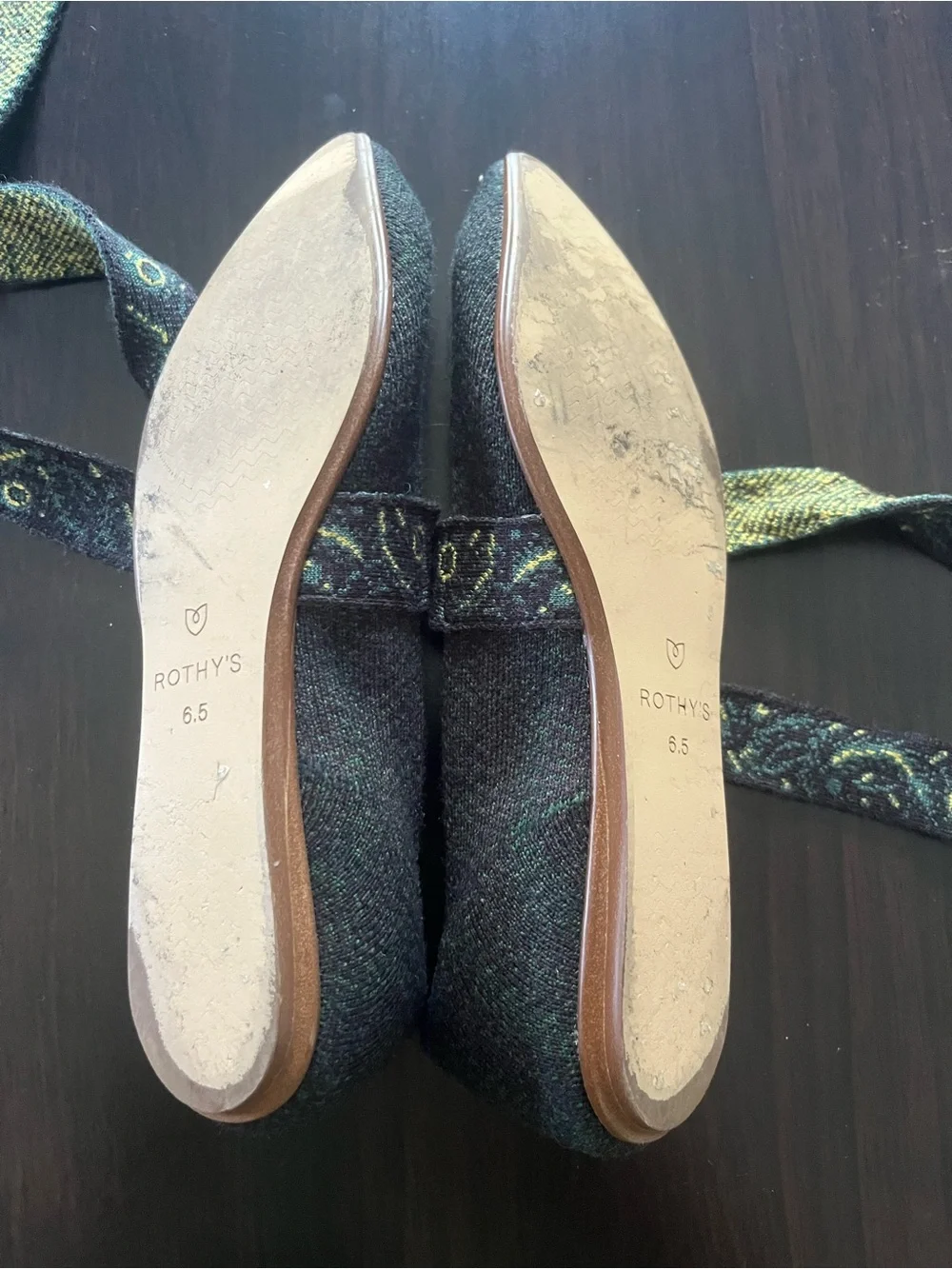 Rothy's Pointed Mary Jane Flats in Dark Green with Paisley Strap